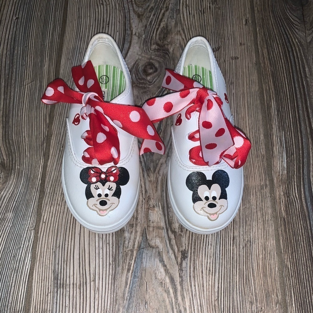 White Leather Hand Painted Mickey & Minnie